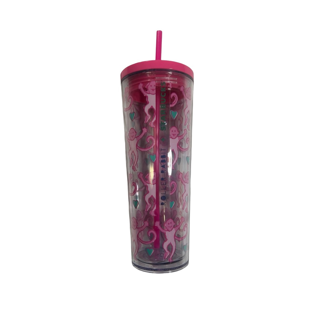 Starbucks x Roller Rabbit Pink Monkey Cold Cup Tumbler 24oz with Straw